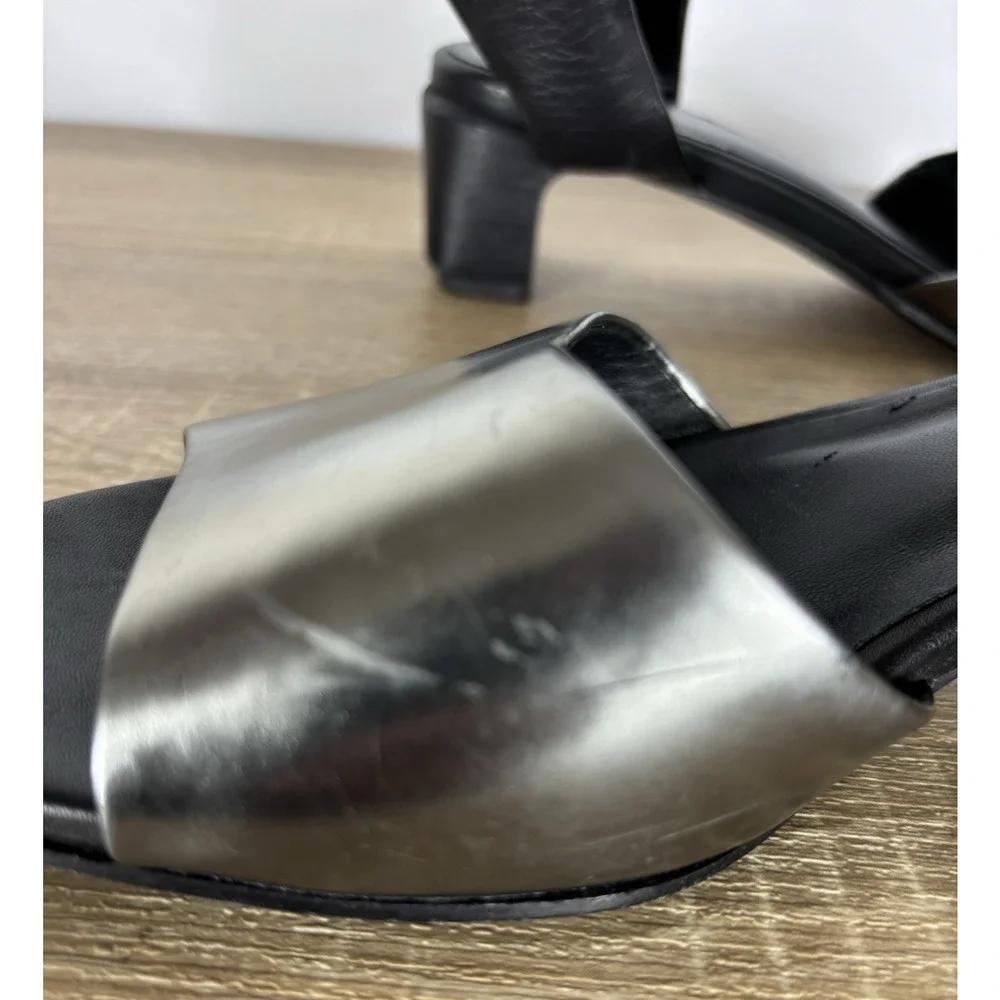 Eileen Fisher Vera Cuoio Leather Block Heel Sandals Pewter Black Womens 7.5